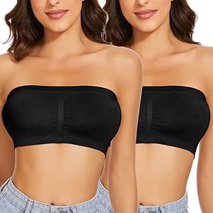 WOWENY 2 Packs Women's Black Bandeau Bra Padded Strapless Bras Seamless Bandeau Bralette Wireless Tube Top Bra Black XXL
