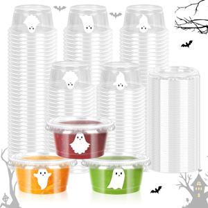 75 Pcs Halloween Sauce Cup Mini White Ghost Jelly Shot Cups with Lids Disposable Plastic Containers for Holidays Party Supplies, 2 oz