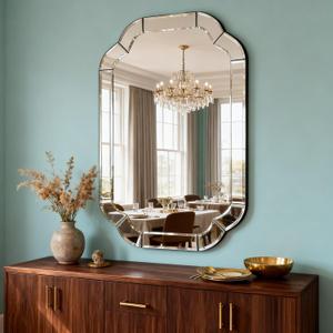 35.4" x 23.6" Scalloped Rounded Corner Bathroom Mirror, Wavy Beveled Arched Decorative Wall Mounted Mirror for Living Room, Entryway, Bedroom