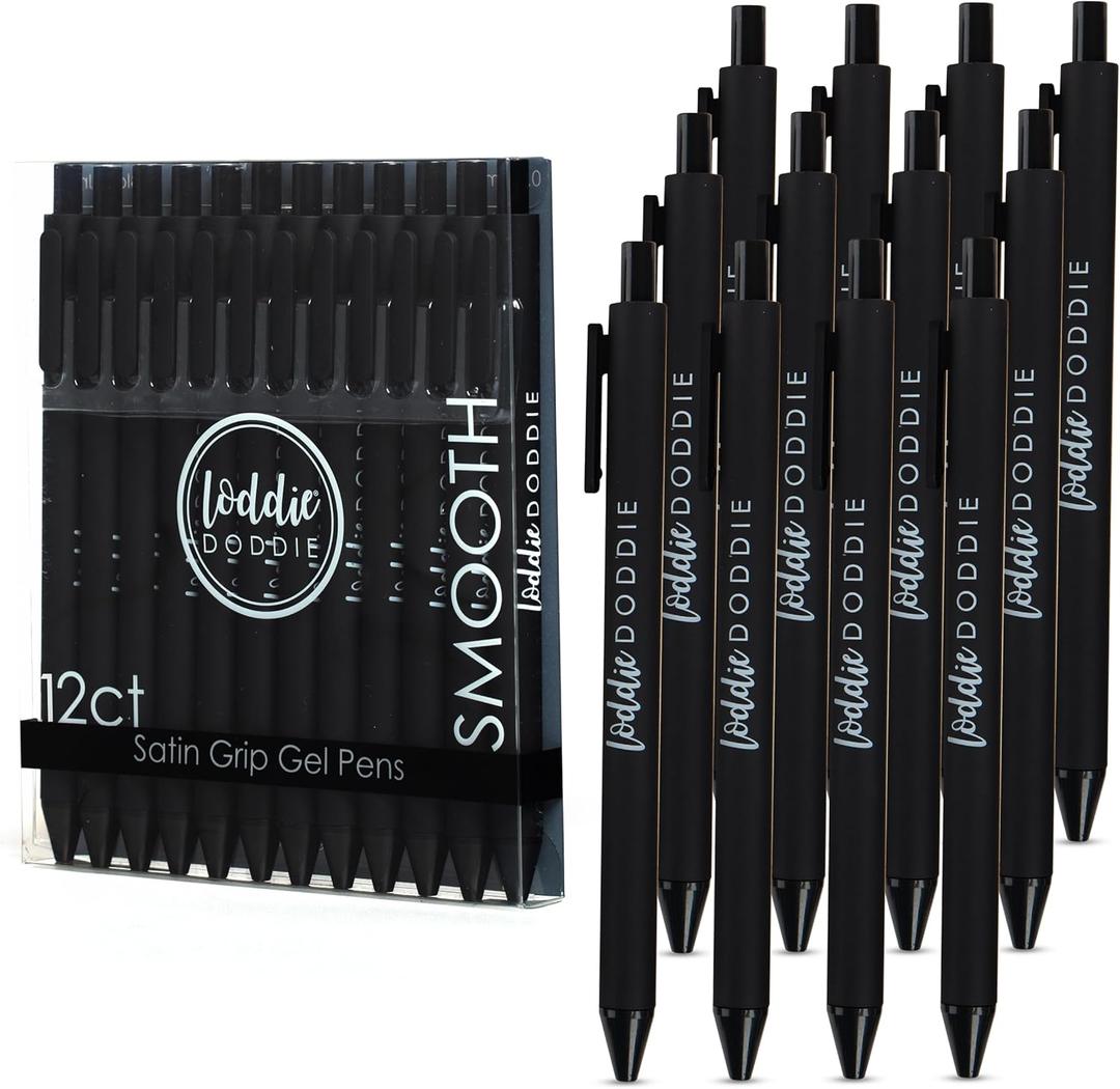 Loddie Doddie Fine Point Gel Pens - Pack of 12, 0.7mm Tip, Retractable, Black Ink - Quick-Drying Smooth Ink - Smudge-Free Gel Pens for Notes - Retractable Design for Office & School
