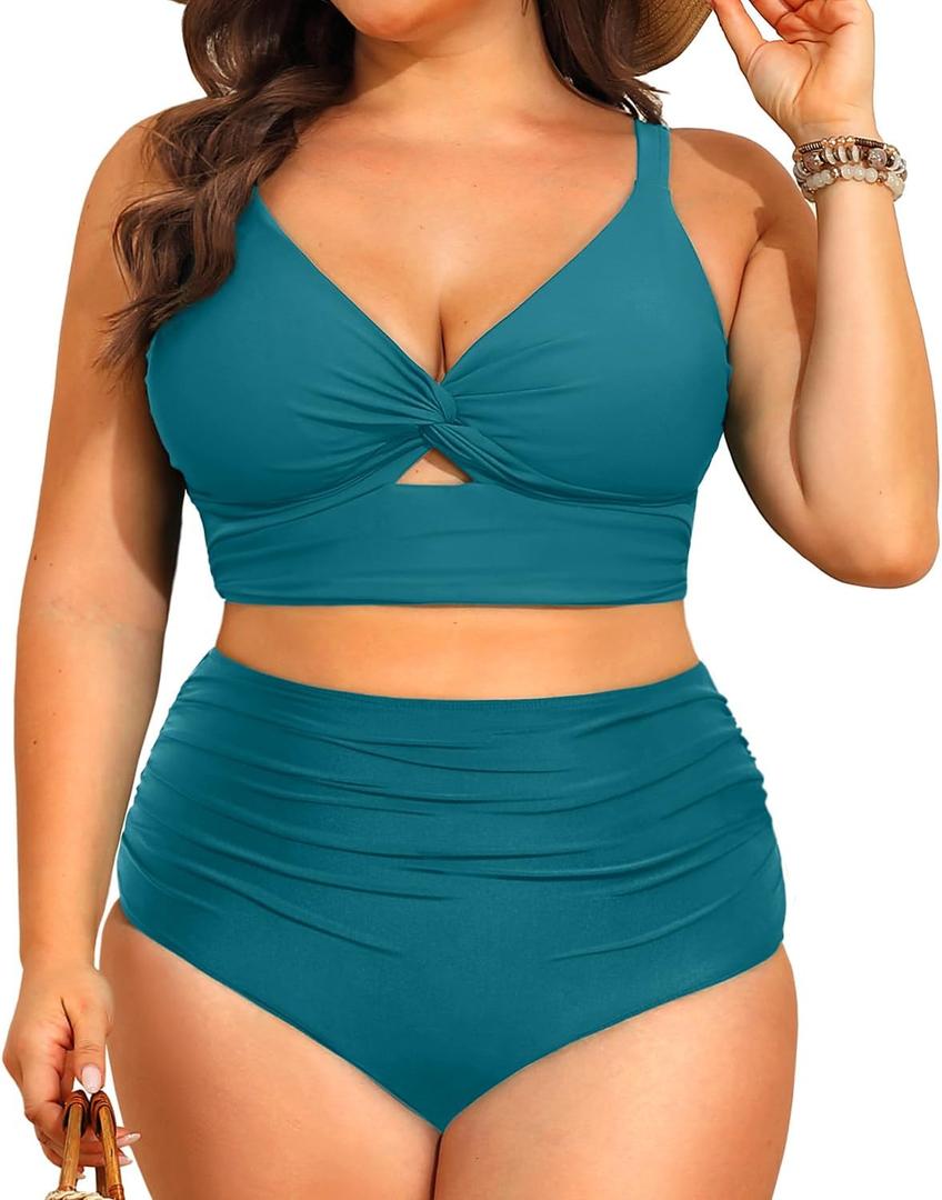 Daci Plus Size Two Piece Swimsuits - Women High Waisted Bikini Tummy Control Bathing Suits Knot Twist Swimwear 2025 (Teal), Size: 16 Plus