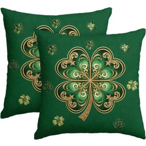 AVOIN colorlife St Patricks Day Gold-Embellished Clover Throw Pillow Covers, 18 x 18 Inch Retro Style Shamrock Cushion Case Decoration for Sofa Couch Set of 2