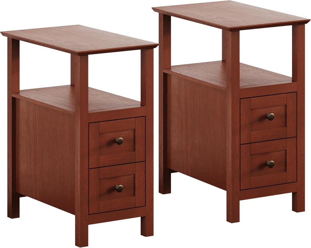 ChooChoo End Tables Living Room Set of 1, 3-Tier Narrow Nightstand with with 2 Drawers, Slim Bedside Tables for Living Room, Bedroom, Small Space, Cherry Brown, 1 Pack