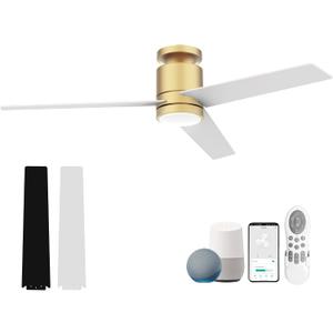 Lorpies 52 Smart Flush Mount Ceiling Fans with Lights Remote,Quiet DC Motor,Outdoor Indoor Low Profile Ceiling Fan,Voice Control via WiFi Alexa App,Modern Gold and White Black Fan for Bedroom Patio