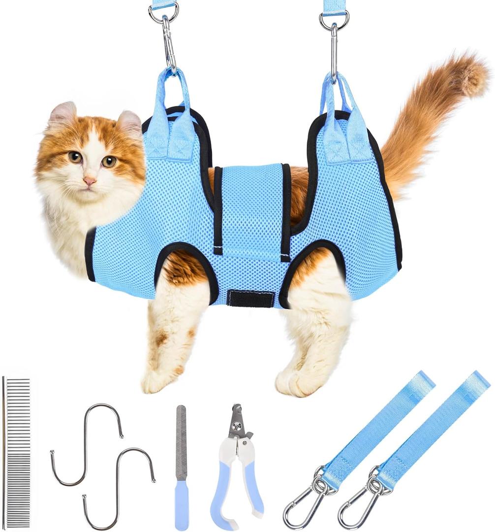 PatiencET Cat Grooming Hammock for Nail Trimming Pet Hammock for Small Dogs with Security Strap Dog Sling for Nail Clipping with Clippers Nail File and Pet Comb (Cerulean XS) (XS (12 LB Max))