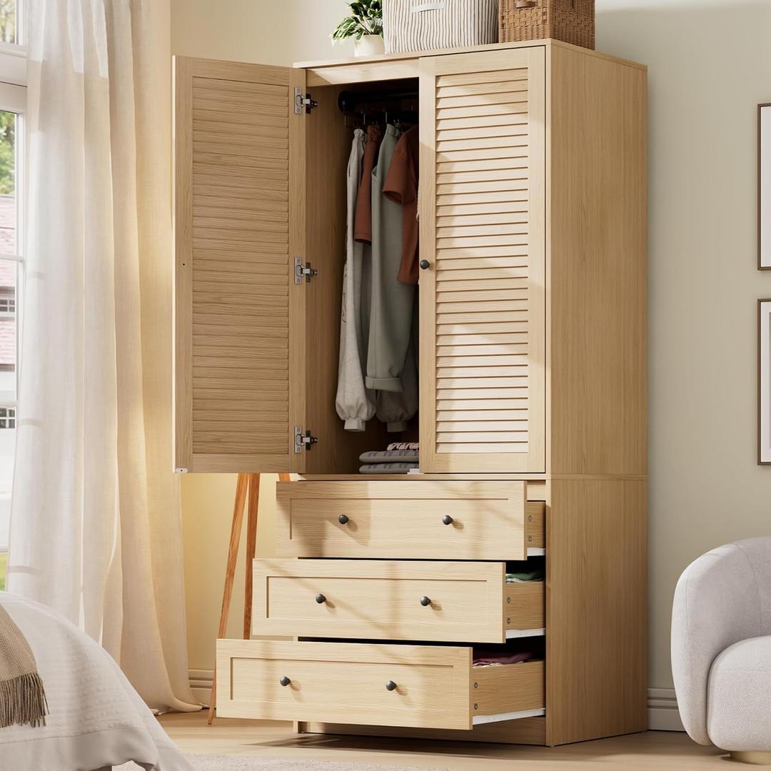 GarveeHome Armoire Wardrobe Closet with Drawers, 69.5 in Wooden Wardrobe Cabinet with Hanging Rod, 2 Doors Clothing Storage Cabinet for Bedroom, Large Capacity Storage, Louvered Door, Natural, Shutter Door