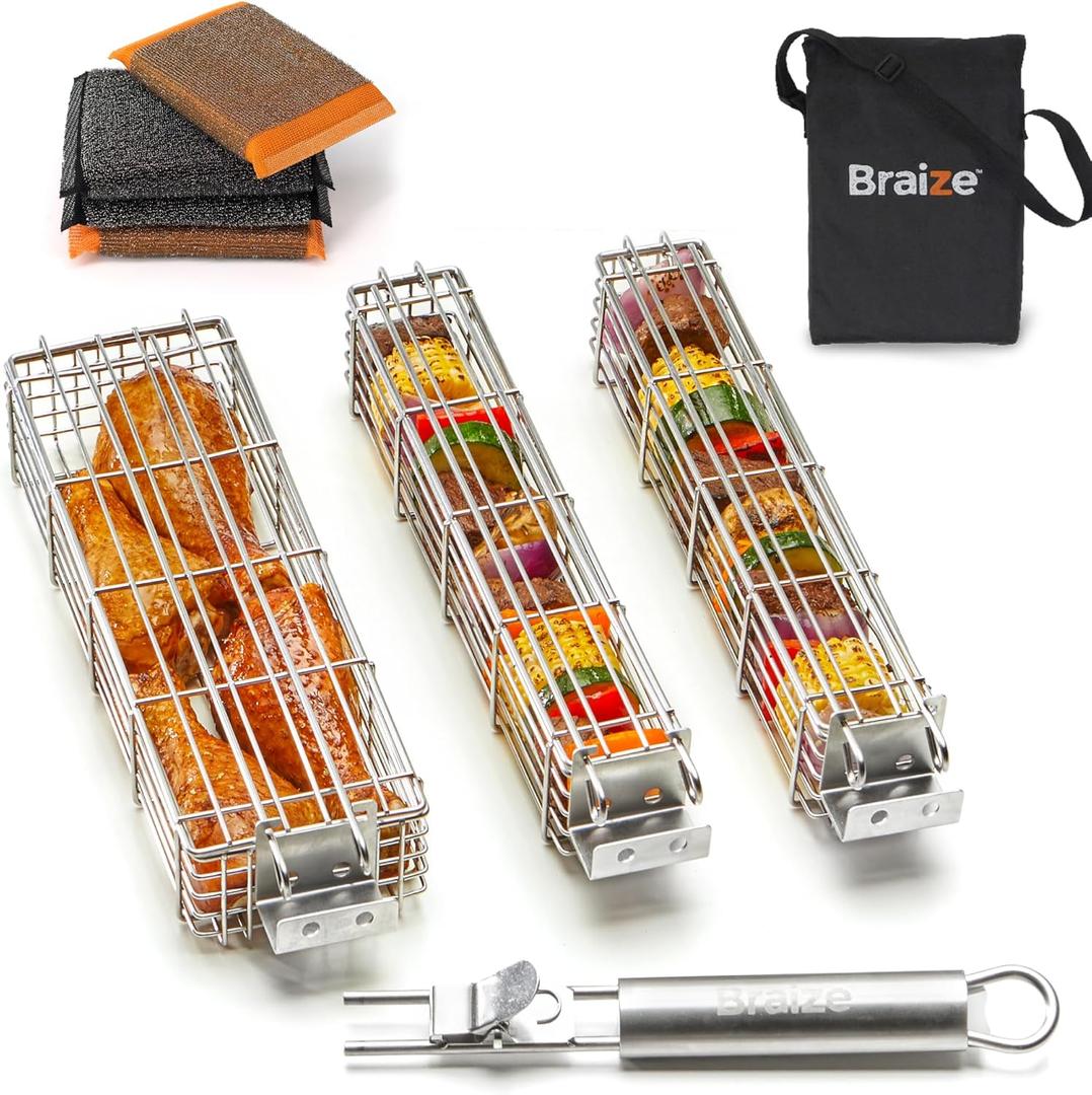 Large Grilling Basket Set  3 Stainless Steel Kabob Baskets with Removable Handle & Scrubber Sponge  Heavy-Duty Grill Accessory for Veggies, Meat & More (Chrome)