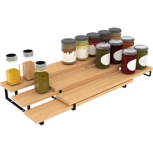 3 Tier Expandable Bamboo Spice Rack Cabinet Step Shelf Organizer for Kitchen Pantry Countertop Cupboard