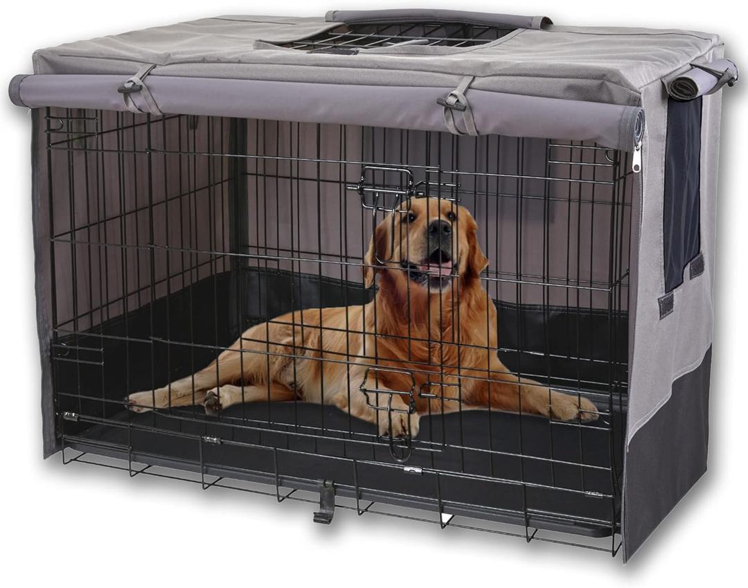 Rachmi Privacy Dog Crate Cover 36 Inch, Durable 600D Canvas Water Resistant Windproof Pet Kennel Cover for Universal Wire Crate with Double Doors, (37Lx24Wx25H, Gray/Black)