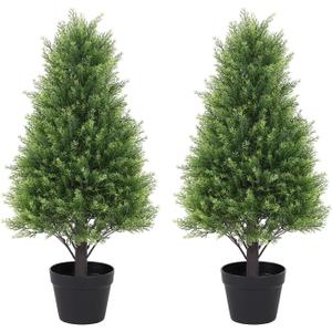 30" Cedar Topiary Trees Artificial Outdoor Set of 2 Pack, Large Realistic Faux Plants Outdoor, UV Resistant Fake Evergreen Cone Bushes & Shrubs for Front Porch Outside Planter Decor 2.5ft