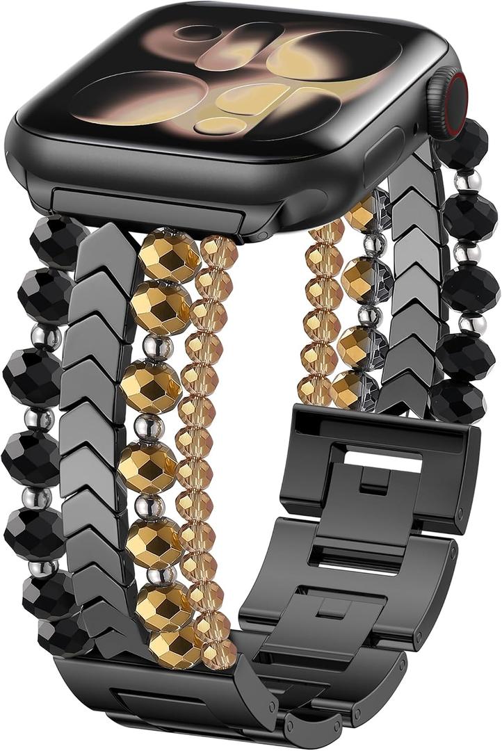 Adorve Beaded Bracelet Compatible with Apple Watch Bands for Women - 40mm 42mm 38mm 41mm 44mm 45mm 46mm 49mm Series 11/10/9/8/7/6/5/4/3/2/1/SE/Ultra, Dressy Handmade Strap Jewelry Metal iWatch Band