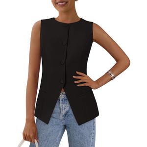 PRETTYGARDEN Women's Summer Suit Vest Tops 2025 Dressy Business Casual Sleeveless Button Down Trendy Fashion Blazer Waistcoat (Large, Black)