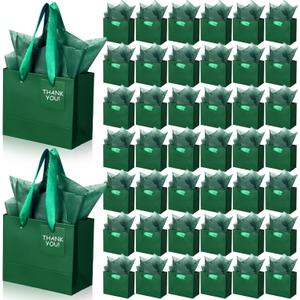 Zhanmai 100 Pcs 4.7 x 2.4 x 3.9 Inch Mini Gift Bags Bulk with Tissue Paper Small Kraft Paper Bag with Handle Gift Tag for Birthday Party, Wedding, Graduation, Mother's Day, Father's Day(Dark Green)