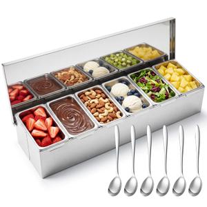 Ferrochef 6 Compartments Stainless Steel Chilled Condiment Tray, Garnish Tray with 6 Removable Compartments, Chilled Condiment Dispenser with Lid, Fruit Serving Containers