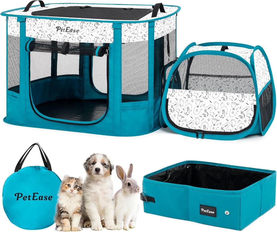 Portable Cat Playpen with Litter Box, Cat Enclosure for Camping, Cat Recovery Playpen After Surgery, Foldable Indoor Outdoor Pet Tent for Cats Rabbits Puppies (Peacock Blue)
