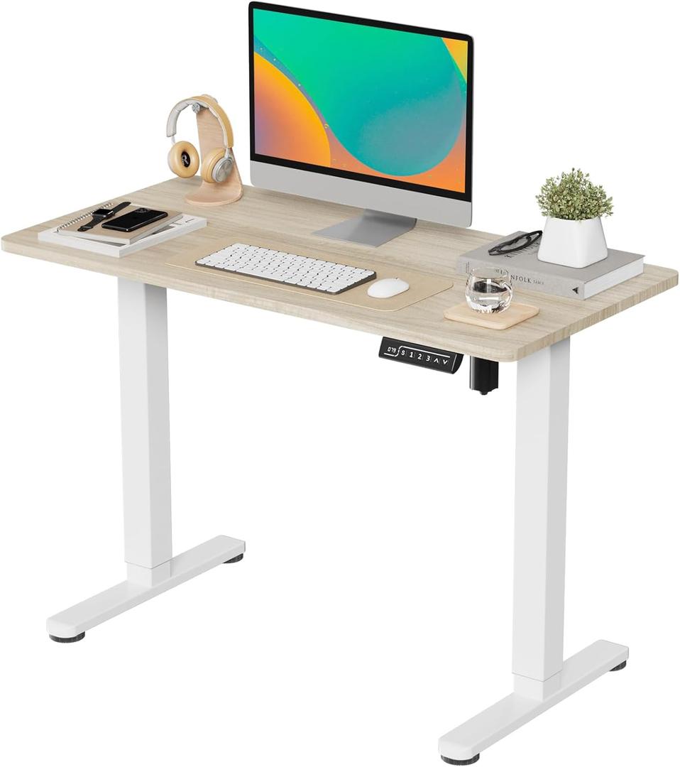 JOY worker Small Electric Standing Desk, 40" x 20" Whole Piece Height Adjustable Table with Memory Controller, Sit to Stand Desk Workstation for Home Office, Light Walnut