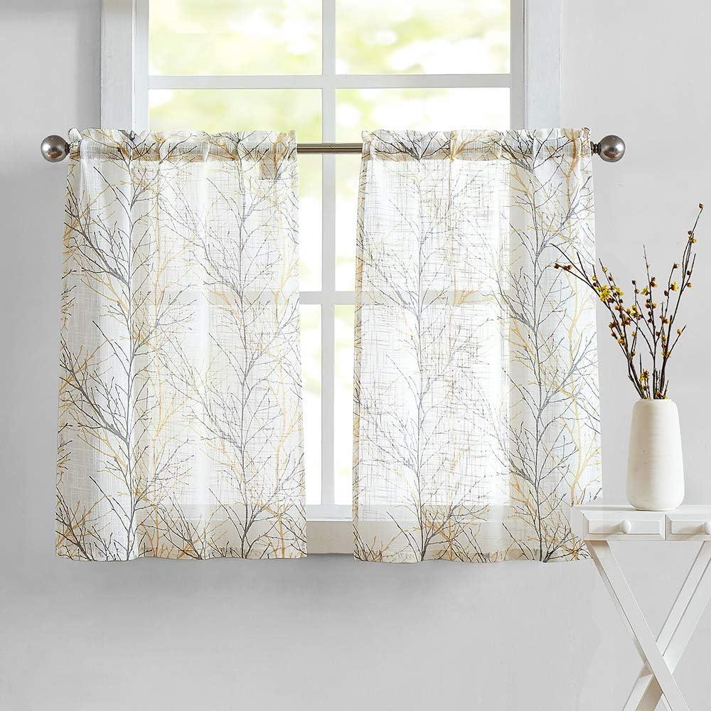 FMFUNCTEX White Yellow Kitchen Curtains for Bathroom Tree Branch Print Semi Sheer Linen Tiers for Bathroom Small Caf Curtains 24 Inch Length Grey Farmhouse Rustic Curtains Rod Pocket 2 Panels Set