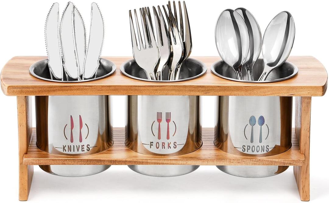 Lyellfe Silverware Holder for Countertop, Stainless Steel Cutlery Utensil Organizer with Bamboo Stand, Flatware Holder for Spoon, Fork, and Knife