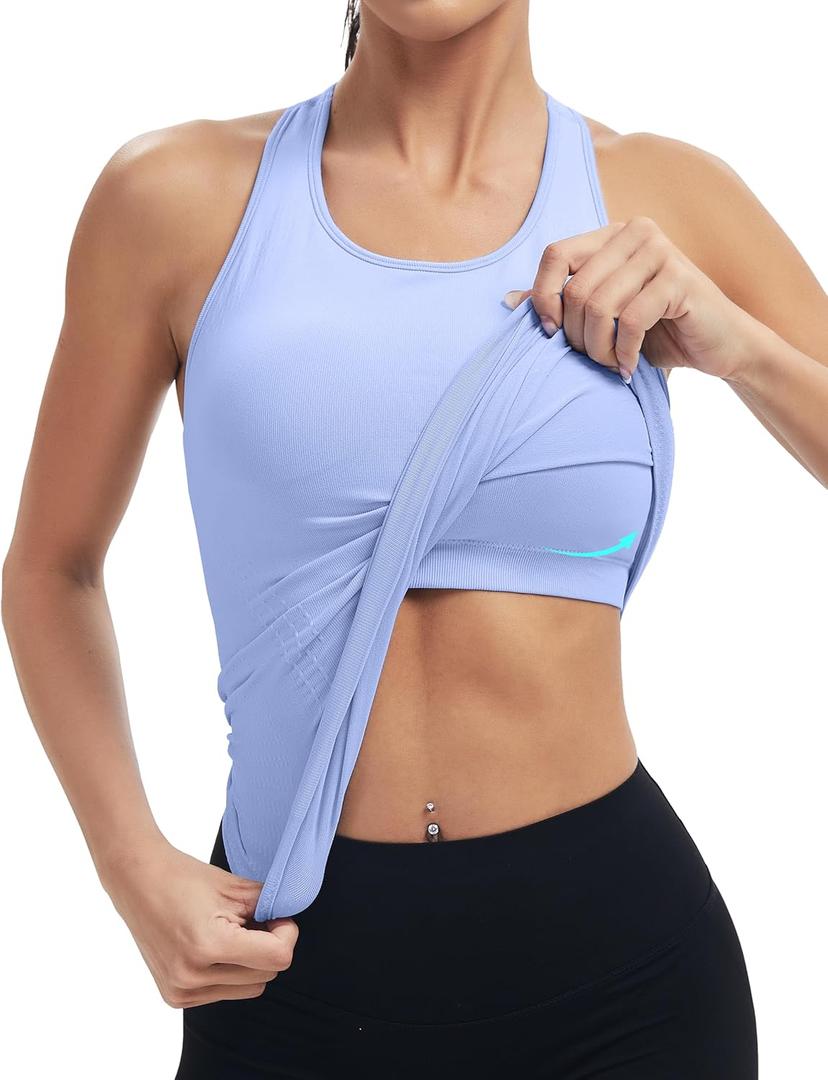 Women's Seamless Racerback Tank Top, Crew Neck Workout Yoga Padded Athletic Shirts (Blue, S)