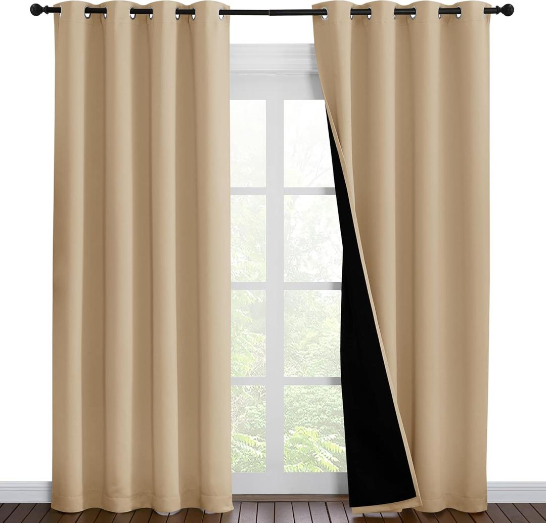 NICETOWN Living Room Completely Shaded Draperies, Privacy Protection & Noise Reducing Ring Top Drapes, Black Lined Insulated Window Treatment Curtain Panels(Biscotti Beige, 2 Pieces, W55 x L86)