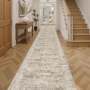 Runner Rug 2'6" x 14' Washable Non-Slip Runner Rugs for Kitchen Bathroom Laundry Room Vintage Ultra Thin Runners for Hallway Entryway Brown