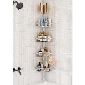 Rustproof Shower Corner Caddy Shelf for Bathroom Tension Pole Organizer with 4 Baskets for Bathtub Shampoo Storage from 23.6 to 114.5 Inch with Towel Bar (Silver)