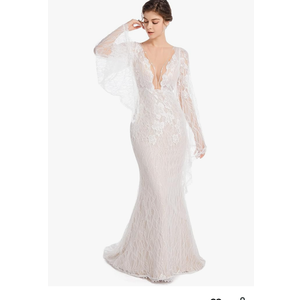 Luxury Lace Flare Sleeves Mermaid Wedding Dress Boho Beach Sexy Deep V Open Back Bridal Gowns Size 6