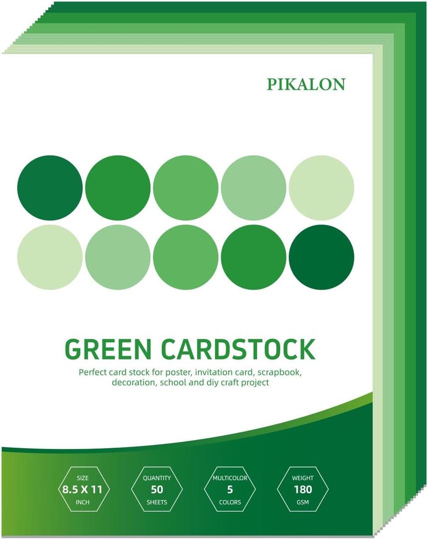 50 Sheets Green Cardstock 8.5 x 11 Inches, 5 Colors Assorted Colored Card Stock Paper 67lb/180gsm Perfect for Printing DIY Crafting Scrapbook Decoration Card Craft (Green)