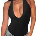 REORIA Bodysuits for Women Halter Tops 2025 Summer V Neck Backless Body Suits Tank Top Trendy Fashion Clothing (Small, Black)