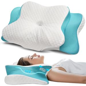 Cervical Pillow for Neck & Shoulder Pain Relief Sleeping - Ergonomic Contour Pillows - Memory Foam Pillow for Side, Back & Stomach Sleepers (Queen Size 25.5"Lx15.5"Wx5.5"H, White Blue)