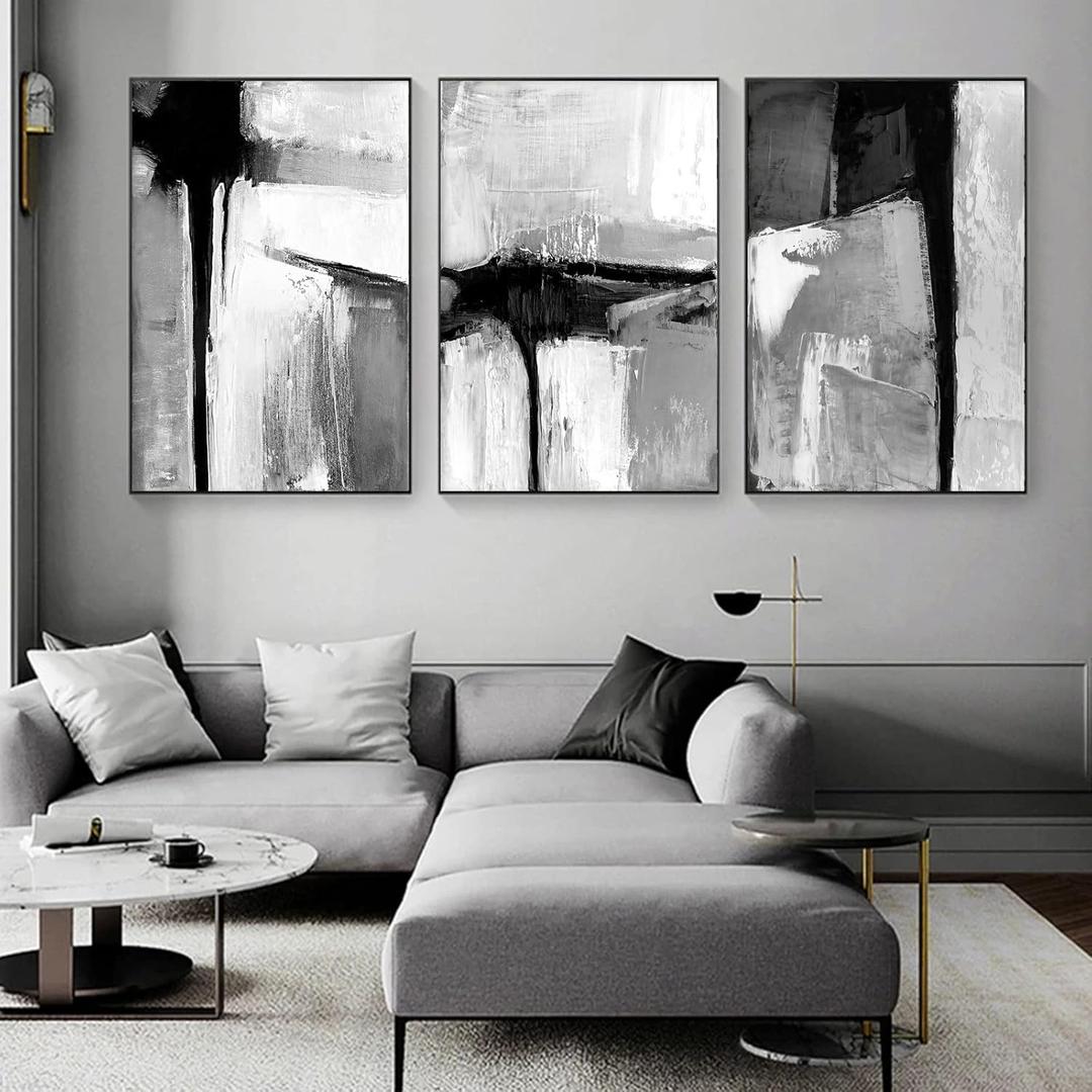 Black White Abstract Texture Canvas Wall Art Print Black White Grey Neutral Wall Art for Living Room Neutral Texture Artwork Grey Abstract Canvas Paintings Modern Home Artwork 16x24inx3pcs No Frame