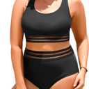 Aqua Eve Plus Size Two Piece High Waisted Bikini Swimsuits Scoop Neck Bikini Set Sporty Bathing Suits (Black Weave) 20W