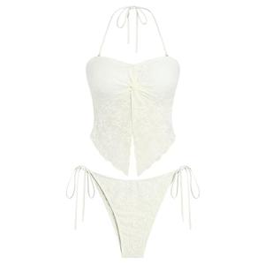 ZAFUL Floral Twist Bikini Set for Women Halter Tankini Tie Side String Swimsuit Two Piece Bathing Suit 2-Lace Beige, Size medium
