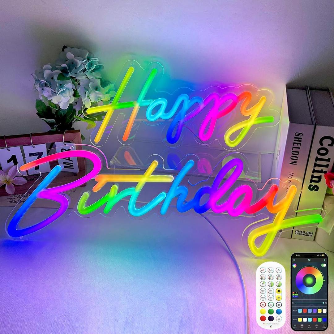 Happy Birthday Neon Sign Large - Colorful Happy Birthday Sign Reusable Neon Signs for Wall Decor, LED Sign for Birthday Party with Remote 200+ Colors, App Control, Music Sync, Birthday Gift for Boys & Girls