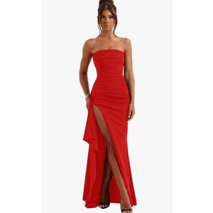 Eightale Strapless Long Prom Dresses Satin Mermaid Ruffle Split Maxi Formal Gown for Women, S, 36, Red 