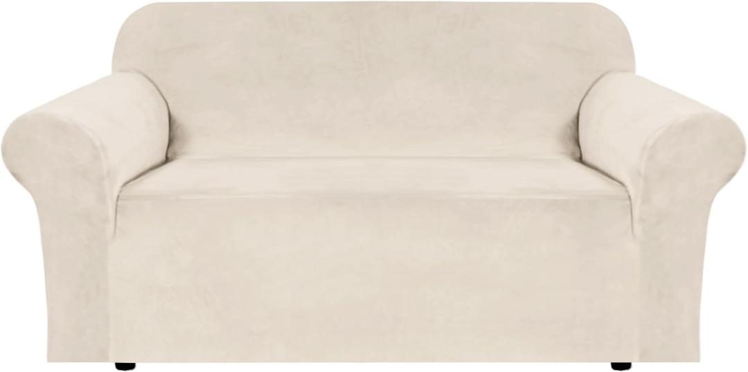 H.VERSAILTEX Stretch Velvet Loveseat Covers for 2 Cushion Couch Covers for Living Room Sofa Covers Slipcovers with Non Slip Straps Bottom, Ultra Thick Comfy Velour (Width 58"-72", Ivory)