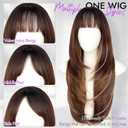 Eawwii Long Brown Highlight Wig with Bangs for Women,4x4 Realistic Scalp,Free Parting,Layered Hairstyle Synthetic Heat Resistant for Daily Party Use 26 inch