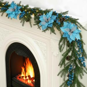 Syhood 1pcs 6ft Norfolk Pine Christmas Garland with Lights Poinsettia Pinecone Berry, Real Touch Prelit Blue Christmas Garland Battery Powered for Mantle Fireplace Stairs Table Home Decor