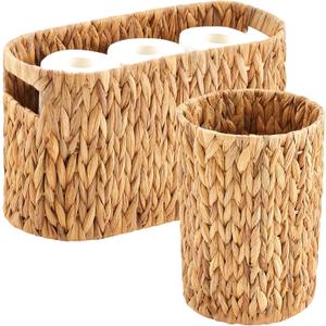 Maxdot Wicker Toilet Paper Storage Basket for 6 Rolls and 2 Gallon Wicker Trash Can Toilet Storage Holder with Handles Paper Water Hyacinth Boho Basket Set for Bathroom Home Compact Spaces