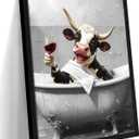 Funny Bathroom Wall Art, Black and White Cow Canvas Wall Decor Painting, Modern Rustic Farmhouse Humor Animal Artwork Prints Pictures for Restroom Bathroom 12x16 Inch Black Framed
