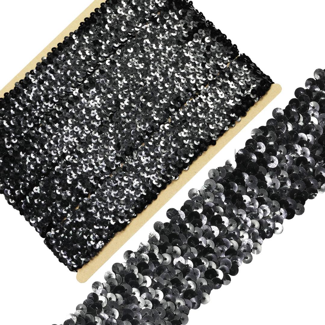 Length 5YardsWide 1.9 Inch Black Elastic Sequin Ribbon Trim for Sewing Dress Dance Costumes Headband (Black)