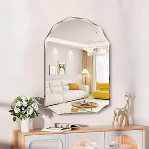 24"x36" Frameless Mirror, Arched Mirror with Diamond-Shaped Beveled Edge,Unframed Decorative Mirror with Upgraded Shatterproof Glass,Unique Frameless Mirror for Bathroom,Living Room,Bedroom