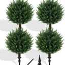 Artificial Cedar Topiary Ball Tree with Ground Spike, Set of 4 UV Resistant Artificial Bushes for Outdoors Faux Shrubs, Weatherproof Fake Round Cypress Ball Bushes Plant for Front Porch