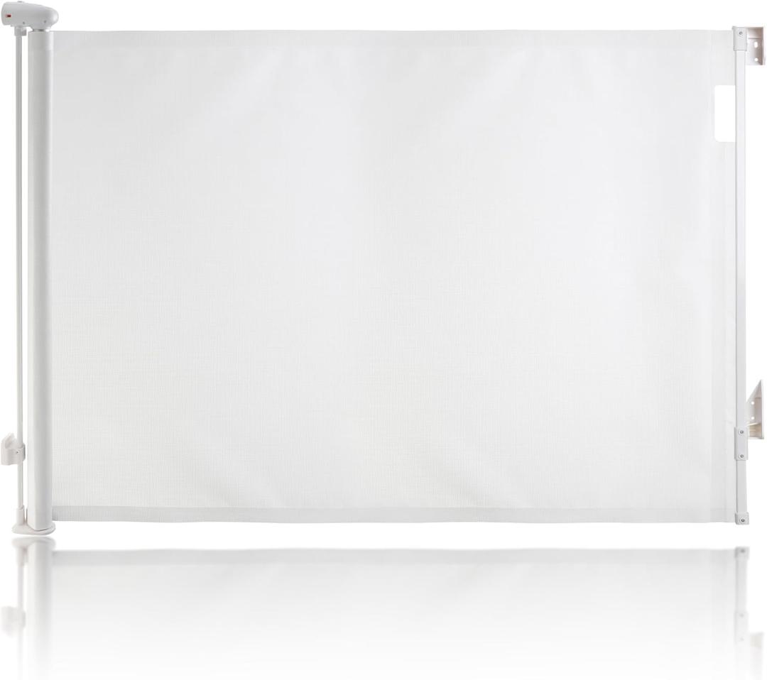 Dreambaby Retractable Safety Stair Gates for Baby, Dog Gate, Extra Wide Mesh Retractable Baby Gate fits up to 140cm, Tall 90cm, 2x EZY-Check Lock Indicators, Hardware Mount. Complies to EN1930, White