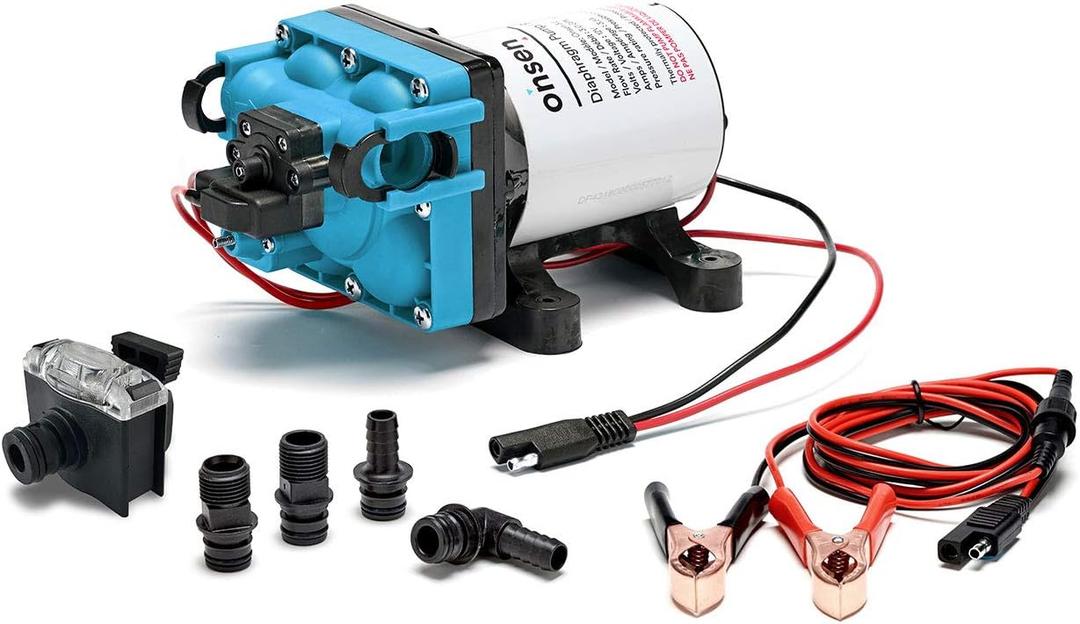 Onsen - 3.0 Diaphragm RV Marine 12-Volt Water Pump - for Cabins, Boats, RV Fixtures, & Tankless Water Heaters - with Strainer, 1/2" Adapters, & 12 Volt Battery Alligator Clips