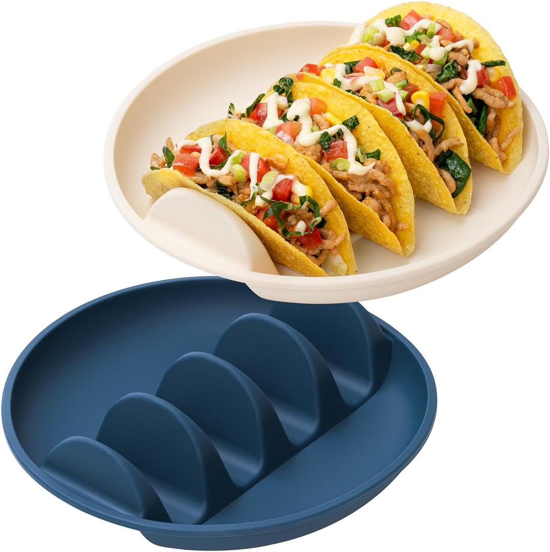 Silicone Taco Plates Set of 2, 9.76" Reusable Taco Holder Silicone Taco Shell Holder with Dividers for Hard/Soft Taco Shells Holder, Taco Serving Plates, Dishwasher & Microwave Safe Taco Holder Stand (2Pack(Milk White + Dark Blue))