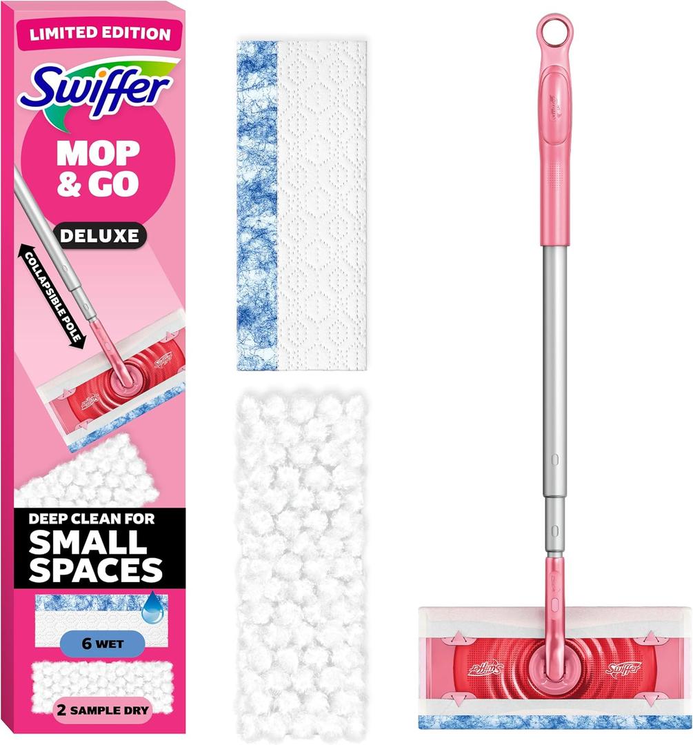 Swiffer Sweep and Mop Deluxe, Limited Edition Pink, 2-in-1 Floor Mopping and Sweeping Kit, Multi-Surface Kit for Floor Cleaning, Includes 1 Sweeper, 5 Heavy Duty Dry Cloths, 3 Heavy Duty Wet Cloths
