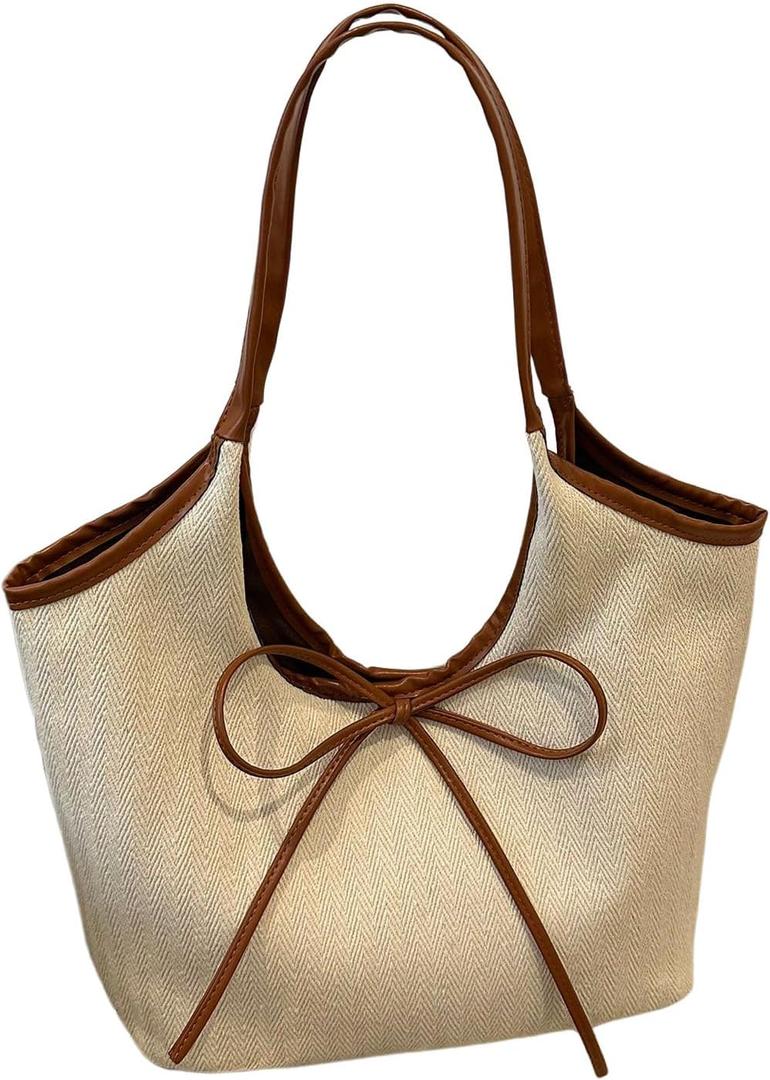 SweatyRocks Women's Bow Tote Bag Top Handle Large Capacity Shopping Shoulder Handbags (Beige)