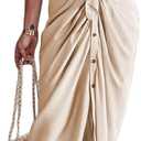 Women Elegant Satin Button Down Short Sleeve Maxi Shirt Dress with Belt (Beige)