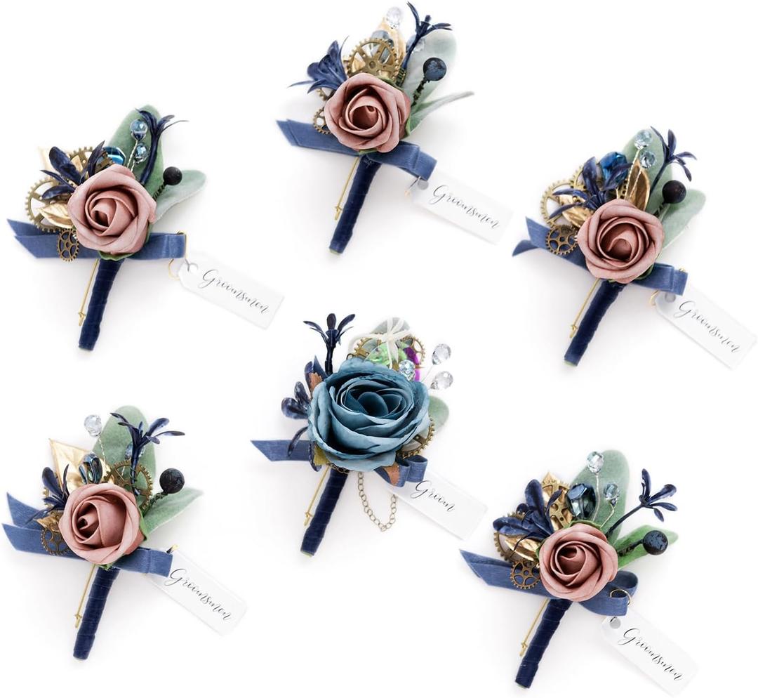 Ling's Moment Boutonniere for Men, 6pcs Groom Groomsmen Boutonniere, Artificial Flowers for Wedding Decor/Prom/Homecoming, etc.Navy Blue & Pink
